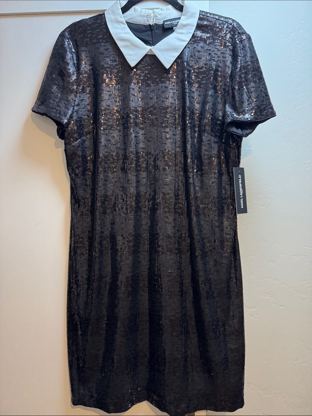 Karl Lagerfeld Black Sequin Mini Dress with White Collar